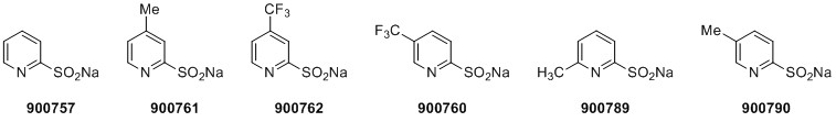 ts-willis-pyridinates-fig1 Six chemical structures, each with a unique product number below them. The structures are variations of benzene rings with different functional groups attached, such as amine (NH2), sulfonate (SO3Na), methyl (CH3), fluorine (F), and ketone (C=O). The product numbers are 900757, 900762, 900760, 900759, 900763, and 900760.