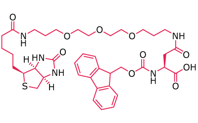 Fmoc-Asp(biotinyl-PEG)-OH Chemical structure of a biotinylated PEG linker designed to improve solubility and labeling flexibility.