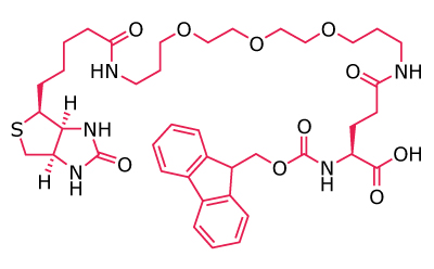 Fmoc-Glu(biotinyl-PEG)-OH Chemical structure of a biotin‑PEG conjugate with terminal functional groups for bioconjugation.