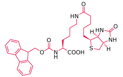Fmoc-Lys(biotin)-OH Chemical structure of a biotin‑based linker conjugated to a reactive functional group for biomolecule labeling.