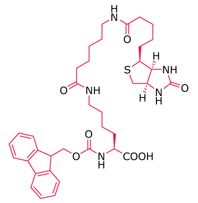 Fmoc-Lys(biotinyl-ε-aminocaproyl)-OH Chemical structure of a biotin‑based linker featuring a reactive carboxyl group for biomolecule conjugation.