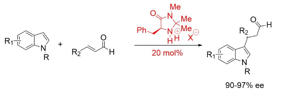 Friedel-Crafts Alkylation of Indoles (2S,5S)-(−)-2-tert-butyl-3-methyl-5-benzyl-4-imidazolidinone used in the Friedel-Crafts alkylation of indoles