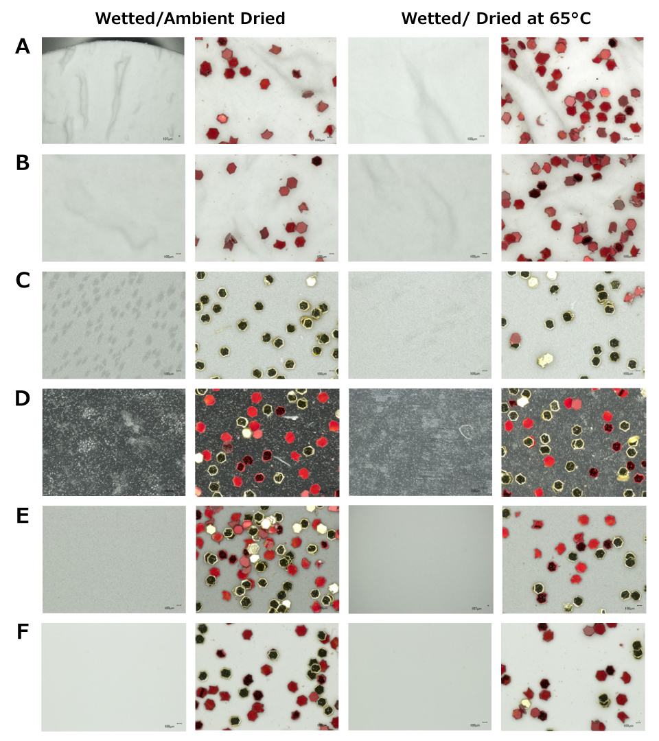 Microscopic images of microplastics at 100X magnification on six different filter types