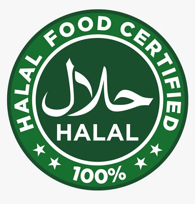 Halal Food Certification icon Circular certification logo with a green background and white text. In the center of the circle, there is the word "HALAL" written in bold uppercase English letters, with the corresponding Arabic word for halal displayed above it in white stylized calligraphy. Encircling the inner text, the outer ring of the circle contains the phrase "HALAL FOOD CERTIFIED 100%" in uppercase white letters. The text forms a complete ring around the logo, and four small asterisks are evenly spaced within the outer border, one on each side of the circle.