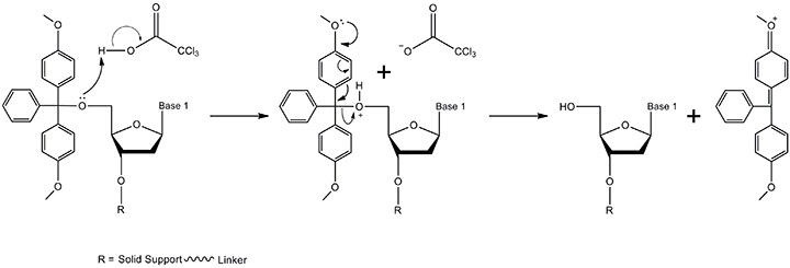 A diagram showing a chemical reaction sequence with three steps, involving a reactant, a reagent, and the formation of a new compound. Key components are labeled as "Base 1" and "R," indicating specific chemical structures.