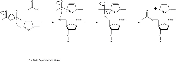 A diagram depicting a chemical reaction sequence with three steps, showing the interaction of a reactant with solid support and linker. The process includes the addition of a reagent, leading to the formation of new compounds and the release of a byproduct, with key components labeled as "Base 1" and "R."