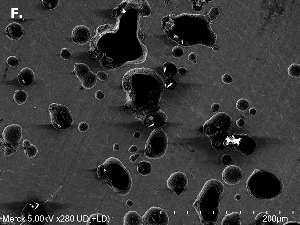 SEM image 1.0 M LiFSI Scanning electron microscopy (SEM) image of aluminum (Al) foil surface with pronounced localized corrosion, characterized by large pits and cavities indicative of more aggressive aluminum dissolution after exposure to 1.0 M LiFSI.