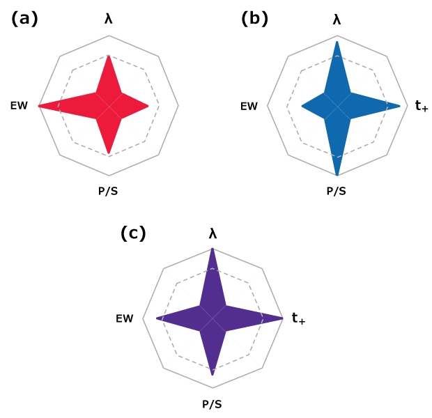 Spider charts comparing the characteristics of Lithium Salts Spider charts comparing (a) LiPF₆, (b) LiFSI, and (c) mixed-salt electrolytes across ionic conductivity (λ), Li⁺ transference (t₊), plating/stripping stability (P/S), and voltage window (EW).