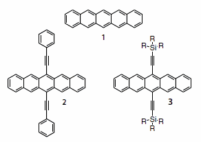 Pentacene (1), phenylethynyl pentacene (2) and silylethynyl pentacenes (3). ペンタセンおよび官能基化ペンタセンの構造