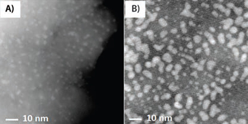 50サイクルと100サイクルのALDで100℃にてITO／PEN基板上に調製した白金NPの高解像TEM画像