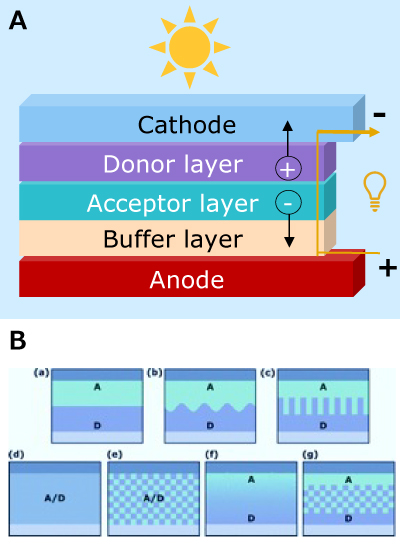 Two images- the top one depicts specific cell layers of a organic photovoltaic device. Among the layer, the top light blue layer is cathode, the second prurple layer, is positively charged and is the donor layer, the third sea green layer is negatively charged and is the acceptor layer, the fourth buff colored layer is the buffer layer and the last red colored layer is the anode. In the background there is yellow colored sun.  The bottom image has seven different arrangements of Molecular Donor-Acceptor Interfaces, shown in two rows with the first row showing three and the bottom row showing four.