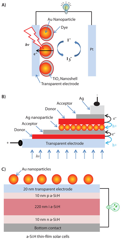 図1金(または銀)ナノ粒子を用いた表面増強型太陽電池の例。(A)色素増感太陽電池、(B)二重ヘテロ接合有機太陽電池、(C)シリコン太陽電池 図1金(または銀)ナノ粒子を用いた表面増強型太陽電池の例。(A)色素増感太陽電池、(B)二重ヘテロ接合有機太陽電池、(C)シリコン太陽電池