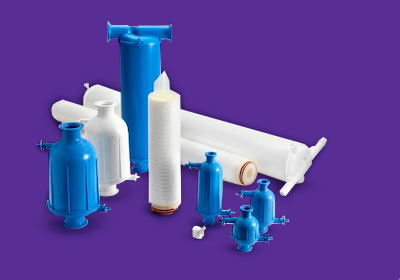Aseptic Capsule and Cartridge Filters of Different Sizes White and blue filters capsule filters of different formats and sizes. Blue filters are gamma compatible, white capsules are autoclave-compatible and both contain Millipore Express® membrane. Cartridge filter elements with no filter housing are shown .