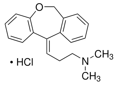 Doxepin chemical structure The chemical structure of a compound with a large ring system composed of three fused rings: two benzene rings and one other cyclic structure. Attached to this ring system is a side chain with a tertiary amine group, featuring two methyl groups (CH3) attached to the nitrogen (N). Additionally, a hydrogen chloride (HCl) molecule is depicted separately, indicating the compound is likely presented as a hydrochloride salt.