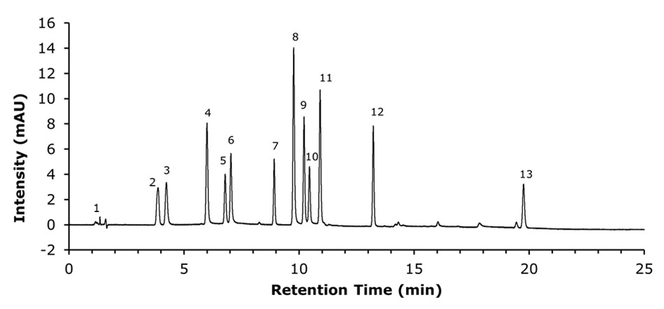 /HPLC-UV chromatogram obtained for the standard mixture containing twelve nucleosides HILIC HPLC chromatogram showing twelve nucleosides labeled by peak number with retention times and UV intensity plotted over a 0 to 25 minute run.
