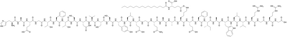 Liraglutide structure Chemical structure of liraglutide peptide showing amino acid sequence with lipid side chain modification.