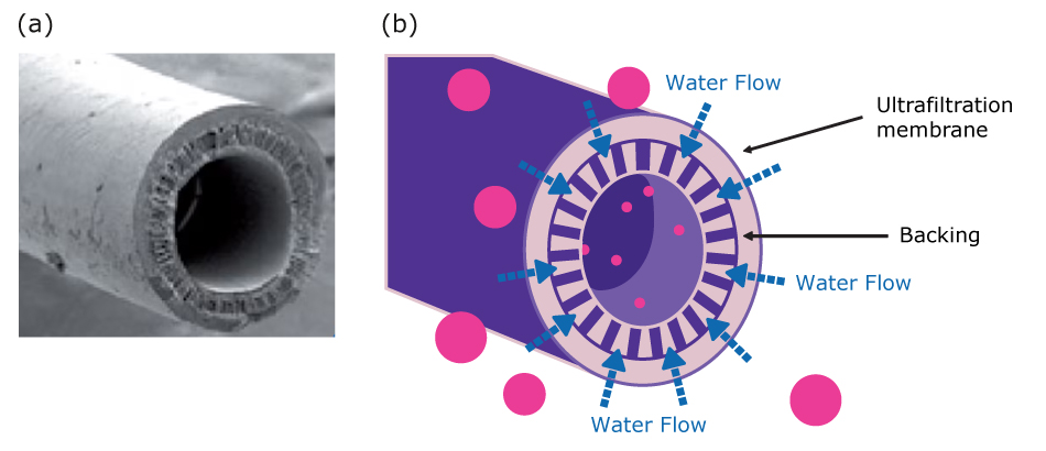 The left photo shows a close-up photograph of an ultrafiltration fiber and a diagram on the right depicts the ultrafiltration process, showing particles and molecules interacting with a membrane structure for separation.