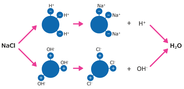 Diagram showing the water deionization process, showing the retention of NaCl by mixed-bed ion-exchange resins, and the release of water