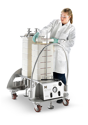 Scientist in lab coat installing a virus filter on a virus filter holder.
