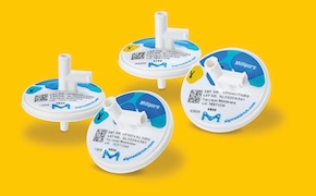 2 Viresolve® Pro-S Shield and 2 Viresolve® Pro-S Shield H Membrane Prefilters in Micro 40 format on a yellow background.