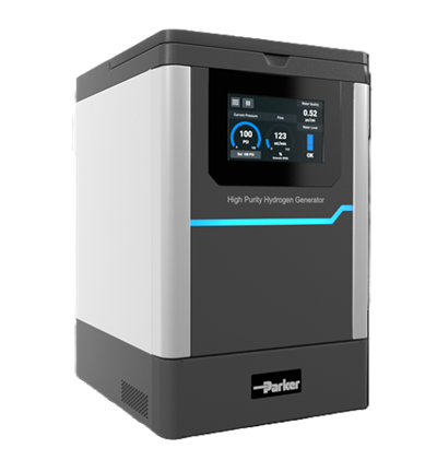 Parker high purity H2C generator featuring a front digital touchscreen showing pressure and flow parameters, designed for laboratory gas supply