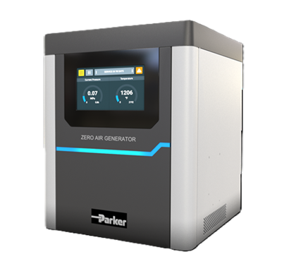 Parker high purity ZAG generator with integrated touchscreen interface displaying system status, flow rate, and operational parameters for lab applications