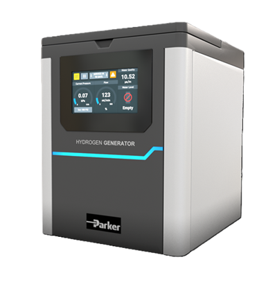 Parker H2F generator unit with front digital display showing system metrics, designed for clean air supply in analytical laboratory applications