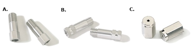 Gas chromatography ferrule nuts used for securing columns and fittings in GC systems