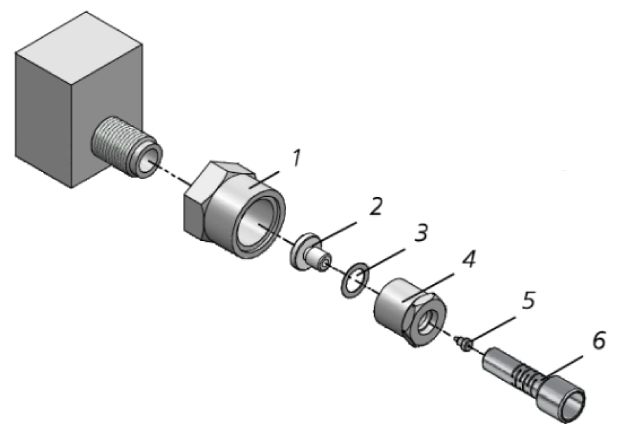Exploded diagram of Siltite® fingertite® injection port assembly showing nut, ferrule, seal, adapter, and base components for GC connection