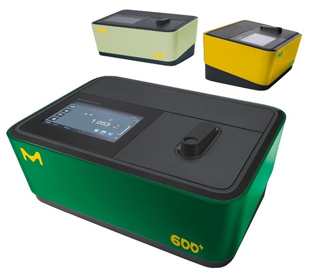 Three models of Spectroquant® spectrophotometers: Prove 100 plus, Prove 300 plus, and Prove 600 plus. Each device has a sleek, modern design with a rectangular body. The largest model in the foreground, Prove 600 plus, is green with a black top and features a touchscreen interface displaying measurement data, as well as a slot for sample insertion. The top right corner of the device has a yellow "M" logo and "600+" printed in bold yellow on the front corner. Two smaller models, Prove 100 plus and Prove 300 plus, are placed in the background. Prove 100 plus is light green with a black top, while Prove 300 plus is yellow with a black top. Both also feature touchscreens and the "M" logo.
