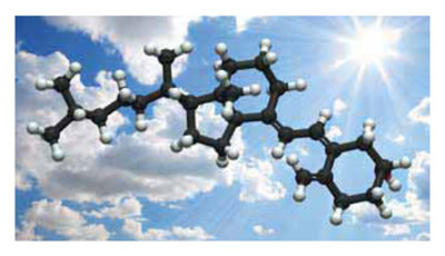 A molecular structure of black and white spheres against a bright blue sky with clouds and sunlight, symbolizing the fusion of science and nature.
