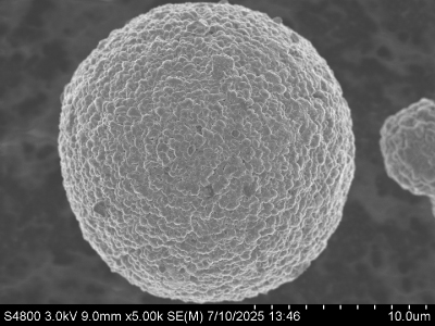The images reveal spherical particles of varying sizes, with some exhibiting a smooth surface and others showing a more textured appearance, indicating differences in material composition and structure.