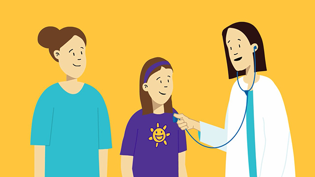 <p>SF-RVN<sup>®</sup> Platform</p>
A healthcare professional is examining a smiling child wearing a purple shirt with a sun design, while another individual with their face obscured stands nearby, all against a yellow background.