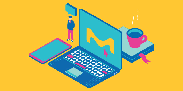 Laptop with a blue screen, a tablet, notebook, and a steaming coffee cup on a yellow background.