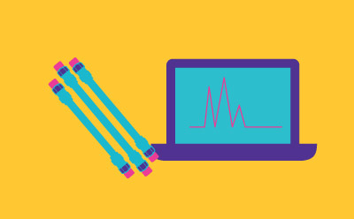 A simplified concept of data analysis in chromatography with a purple laptop displaying a chromatogram on its screen.