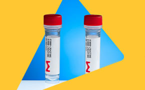 Oligos and qPCR Probes Two clear sample vials with red caps and Sigma‑Aldrich labels on a bold yellow‑and‑blue geometric background with the Sigma‑Aldrich wordmark.