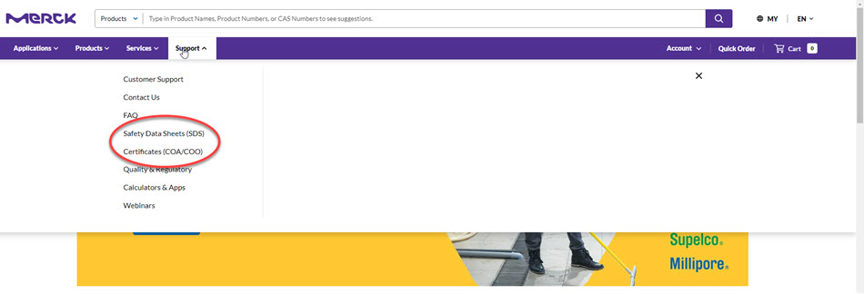 Support tab for SDS, COA and COO Support tab for SDS, COA and COO