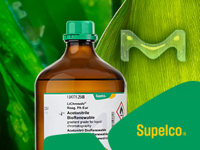 Brown glass bottle of Supelco LiChrosolv acetonitrile BioRenewable solvent centered against a vibrant green leaf background, highlighting laboratory-grade chemicals and sustainability.