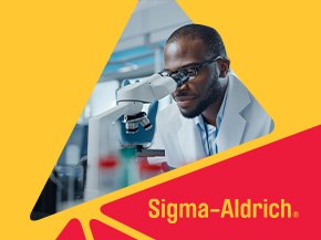 Yellow background with red Sigma-Aldrich brand and a Scientist watching into a microscope on the right side.