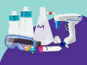 Light blue background with various Labware equipment on top right