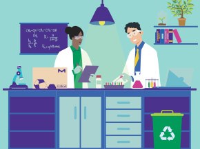 Two individuals in lab coats engaged in a discussion while reviewing information on a tablet. The background is a soft blue color, creating a clean and modern look.