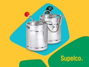 Yellow background with green Supelco brand and recyclable containers on top