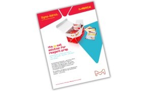 A promotional flyer for Merck's reagent preparation solution, featuring a red and white box filled with reagent packs. The top of the flyer includes the Merck logo and the title "the best solution for reagent prep." The background has geometric shapes in blue and red.