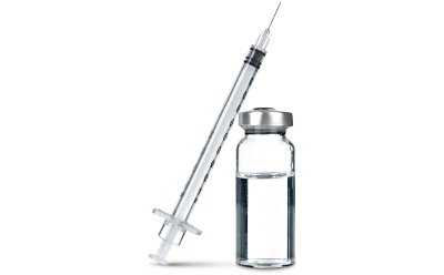 Liquid Formulation Strategies: a clear syringe with black measurement markings and a needle, positioned diagonally above a small glass vial containing a clear liquid. Liquid Formulation Strategies: a clear syringe with black measurement markings and a needle, positioned diagonally above a small glass vial containing a clear liquid.