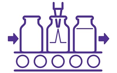 A purple line drawing of a conveyor belt carrying three bottles, with arrows indicating motion from left to right. A purple line drawing of a conveyor belt carrying three bottles, with arrows indicating motion from left to right.