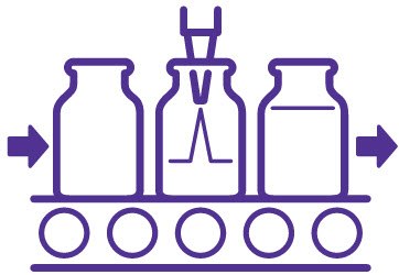 Representación lineal en color morado de una cinta transportadora que lleva tres botellas, con flechas que indican movimiento de izquierda a derecha. Representación lineal en color morado de una cinta transportadora que lleva tres botellas, con flechas que indican movimiento de izquierda a derecha.