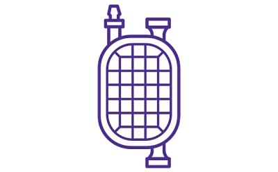 A purple outline of a gas cylinder with a grid pattern in the middle, featuring two valves at the top and a flat base. A purple outline of a gas cylinder with a grid pattern in the middle, featuring two valves at the top and a flat base.