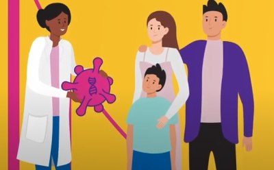 Un profesional sanitario que está explicando la terapia génica a una familia Un profesional sanitario que está explicando la terapia génica a una familia