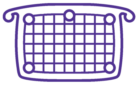 Dibujo lineal en color morado de una cesta de la compra vista de frente, con un cuerpo de patrón de cuadrícula y dos asas curvas. Dibujo lineal en color morado de una cesta de la compra vista de frente, con un cuerpo de patrón de cuadrícula y dos asas curvas.