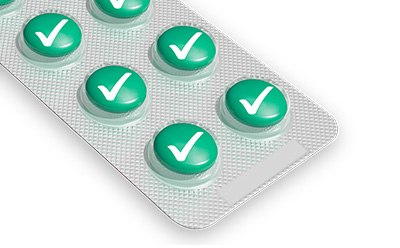 Compendial Testing and Regulatory Guidance Un blíster de pastillas verdes, cada una marcada con una marca de verificación blanca, indicando que están aprobadas o verificadas.